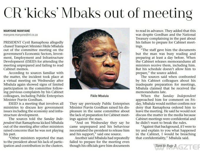 Mbalula uit vergadering geskop