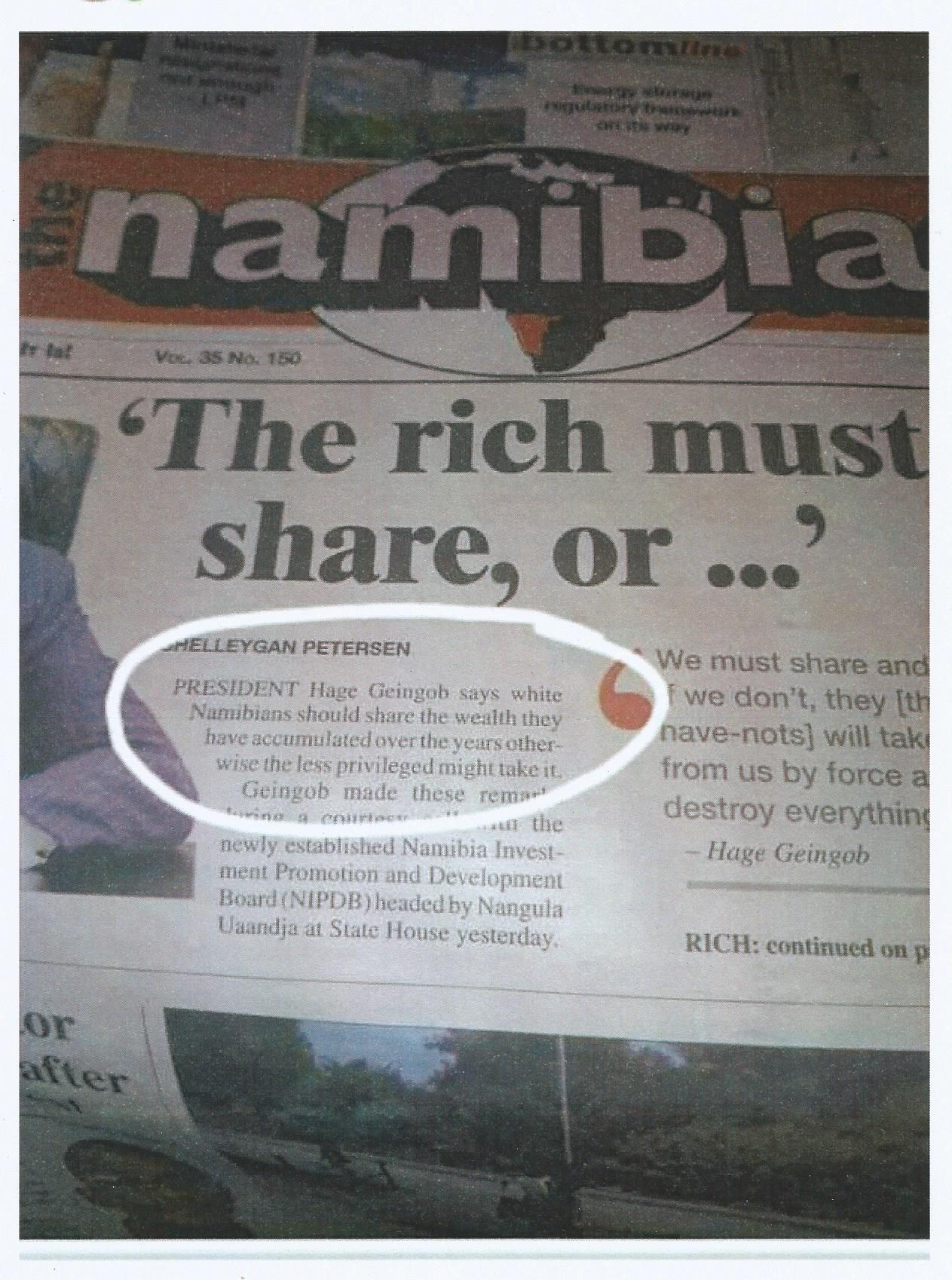 Namibiese Blankes gewaarsku